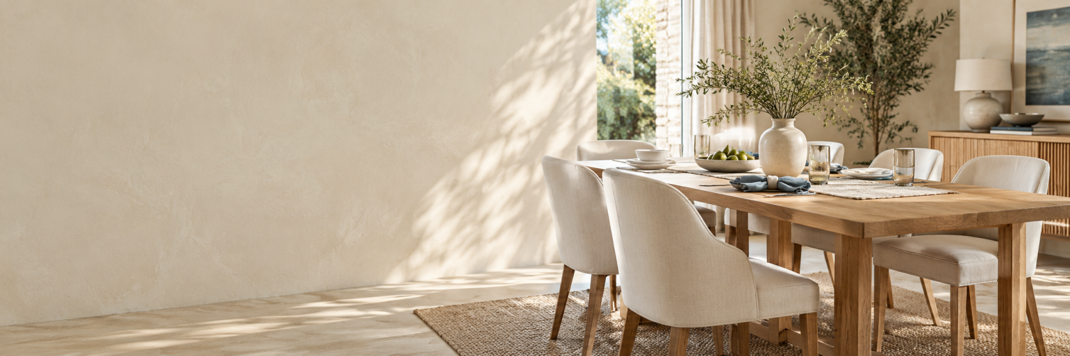Oak dining table and ivory chairs in a welcoming sunlit dining room