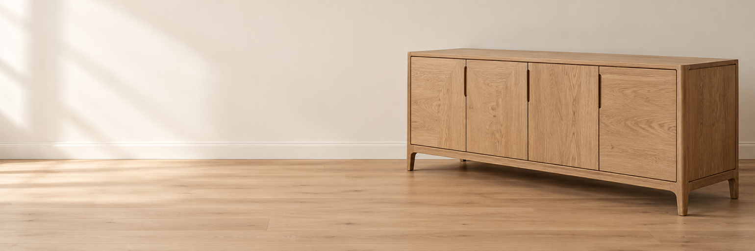 Natural oak sideboard in a calm interior