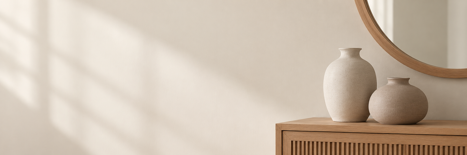 Ceramic vases and a round mirror on a light oak console