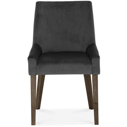 Ella Dark Oak Scoop Back Chair - Gun Metal Velvet Fabric (Pair) Ella Dark Oak Scoop Back Chair - Gun Metal Velvet Fabric (Pair)