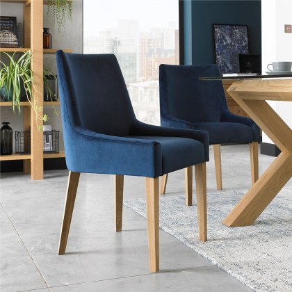 Ella Light Oak Scoop Back Chair - Dark Blue Velvet Fabric (Pair)