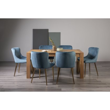 Turin Light Oak 6 Seater Table & 6 Kent Petrol Blue Velvet Chairs - Gold Legs