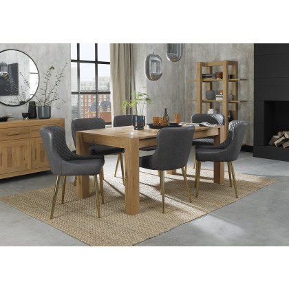 Turin Light Oak 6-8 Seater Table & 6 Kent Dark Grey Faux Leather Chairs - Gold Legs