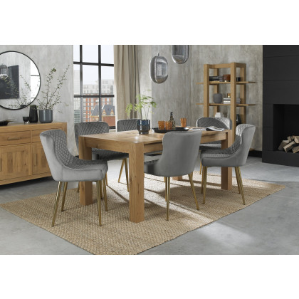 Turin Light Oak 6-8 Seater Table & 6 Kent Grey Velvet Chairs - Gold Legs