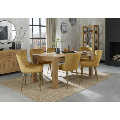 Turin Light Oak 6-8 Seater Table & 6 Kent Mustard Velvet Chairs - Gold Legs