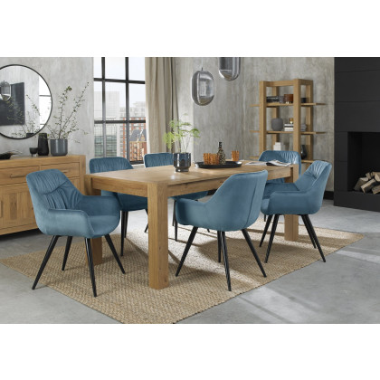 Turin Light Oak Large 6-8 Seater Table & 6 Oxford Petrol Blue Velvet