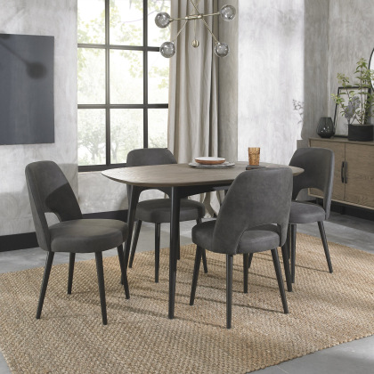 Vintage Weathered Oak 4 Seater Table & 4 Upholstered Chairs in Dark Grey Fabric Vintage Weathered Oak 4 Seater Table & 4 Upholstered Chairs in Dark Grey Fabric