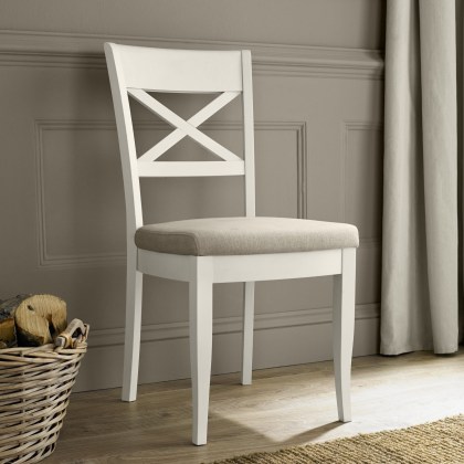 Montreux Antique White X Back Chair - Sand Colour Fabric (Pair) Montreux Antique White X Back Chair - Sand Colour Fabric (Pair)