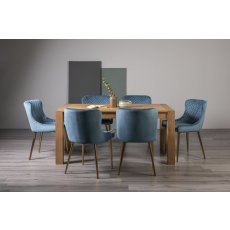 Turin Light Oak 6 Seater Table & 6 Kent Petrol Blue Velvet Chairs - Gold Legs