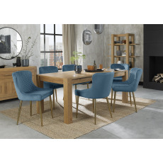 Turin Light Oak 6-10 Seater Table & 8 Kent Petrol Blue Velvet Chairs - Gold Legs