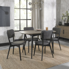 Vintage Weathered Oak 4 Seater Table & 4 Upholstered Back Chairs in Dark Grey Fabric Vintage Weathered Oak 4 Seater Table & 4 Upholstered Back Chairs in Dark Grey Fabric