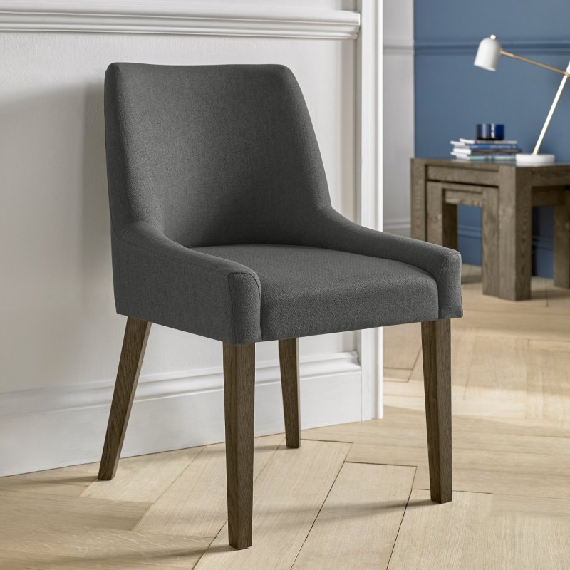 Ella Dark Oak Scoop Back Chair - Cold Steel Fabric (Pair) Ella Dark Oak Scoop Back Chair - Cold Steel Fabric (Pair)