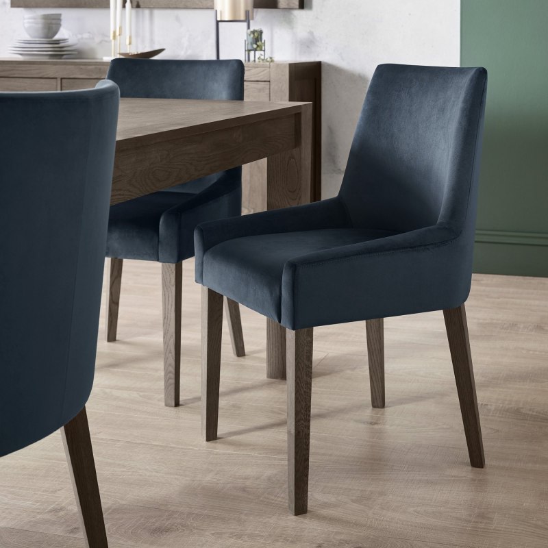 Ella Dark Oak Scoop Back Chair - Dark Blue Velvet Fabric (Pair) Ella Dark Oak Scoop Back Chair - Dark Blue Velvet Fabric (Pair)