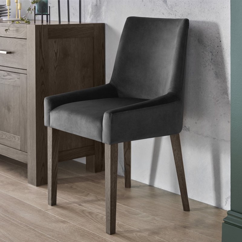 Ella Dark Oak Scoop Back Chair - Gun Metal Velvet Fabric (Pair) Ella Dark Oak Scoop Back Chair - Gun Metal Velvet Fabric (Pair)