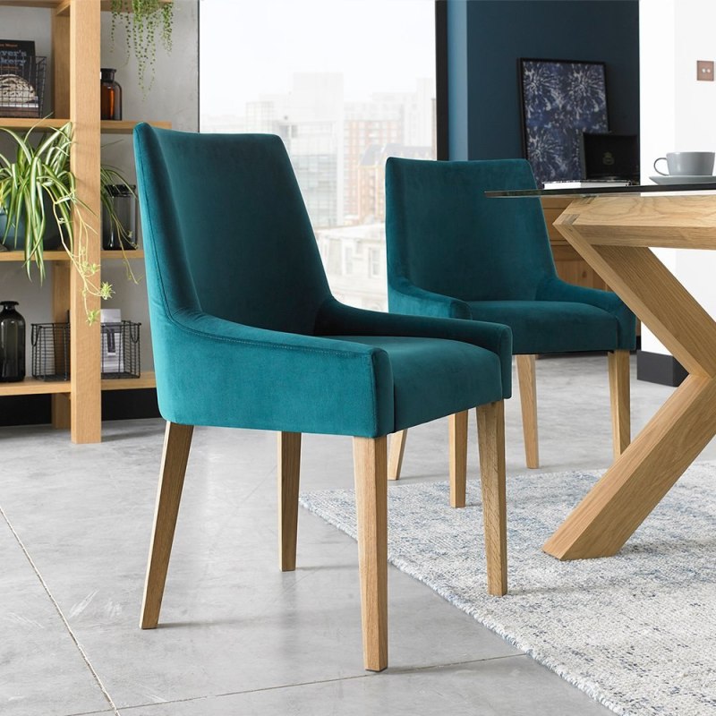 Ella Light Oak Scoop Back Chair - Sea Green Velvet Fabric (Pair) Ella Light Oak Scoop Back Chair - Sea Green Velvet Fabric (Pair)