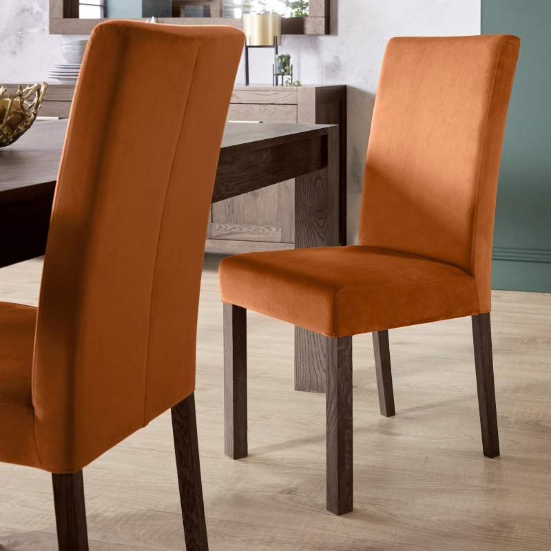 Parker Dark Oak Square Back Chair - Harvest Pumpkin Velvet Fabric (Pair) Parker Dark Oak Square Back Chair - Harvest Pumpkin Velvet Fabric (Pair)