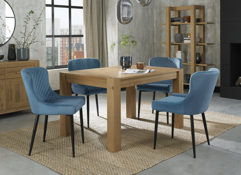 Turin Light Oak 4-6 Seater Table & 4 Kent Petrol Blue Velvet Chairs - Black Legs Turin Light Oak 4-6 Seater Table & 4 Kent Petrol Blue Velvet Chairs - Black Legs