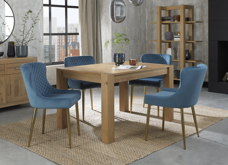 Turin Light Oak 4-6 Seater Table & 4 Kent Petrol Blue Velvet Chairs - Gold Legs Turin Light Oak 4-6 Seater Table & 4 Kent Petrol Blue Velvet Chairs - Gold Legs