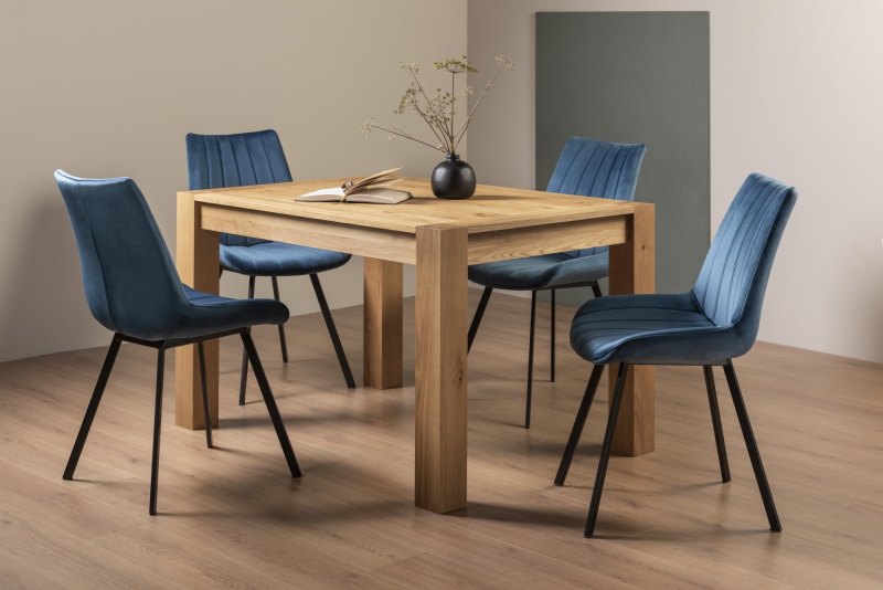 Turin Light Oak 4-6 Seater Table & 4 Fontana Blue Velvet Chairs Turin Light Oak 4-6 Seater Table & 4 Fontana Blue Velvet Chairs