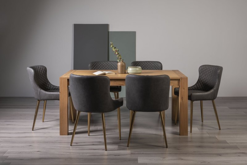 Turin Light Oak 6 Seater Table & 6 Kent Dark Grey Faux Leather Chairs - Gold Legs Turin Light Oak 6 Seater Table & 6 Kent Dark Grey Faux Leather Chairs - Gold Legs