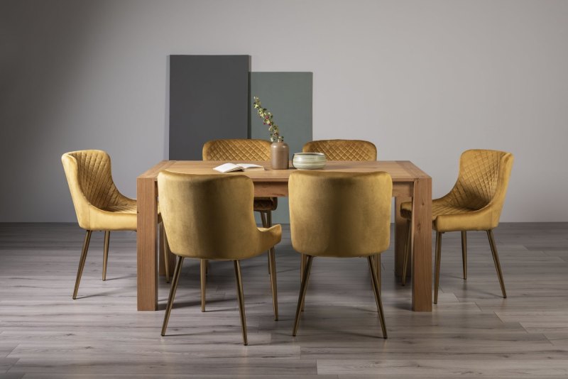 Turin Light Oak 6 Seater Table & 6 Kent Mustard Velvet Chairs - Gold Legs Turin Light Oak 6 Seater Table & 6 Kent Mustard Velvet Chairs - Gold Legs