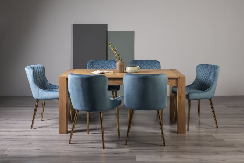 Turin Light Oak 6 Seater Table & 6 Kent Petrol Blue Velvet Chairs - Gold Legs Turin Light Oak 6 Seater Table & 6 Kent Petrol Blue Velvet Chairs - Gold Legs