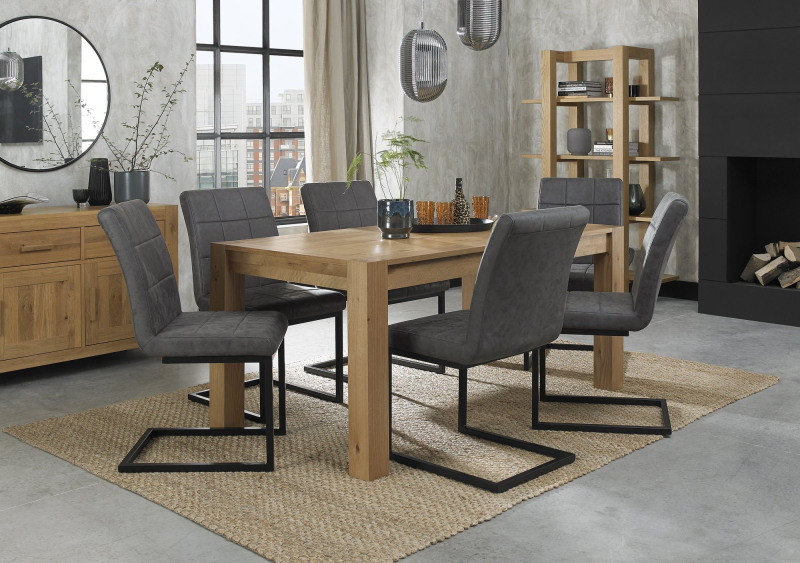 Turin Light Oak 6 Seater Table & 6 Lewis Distressed Dark Grey Fabric Cantilever Chairs Turin Light Oak 6 Seater Table & 6 Lewis Distressed Dark Grey Fabric Cantilever Chairs