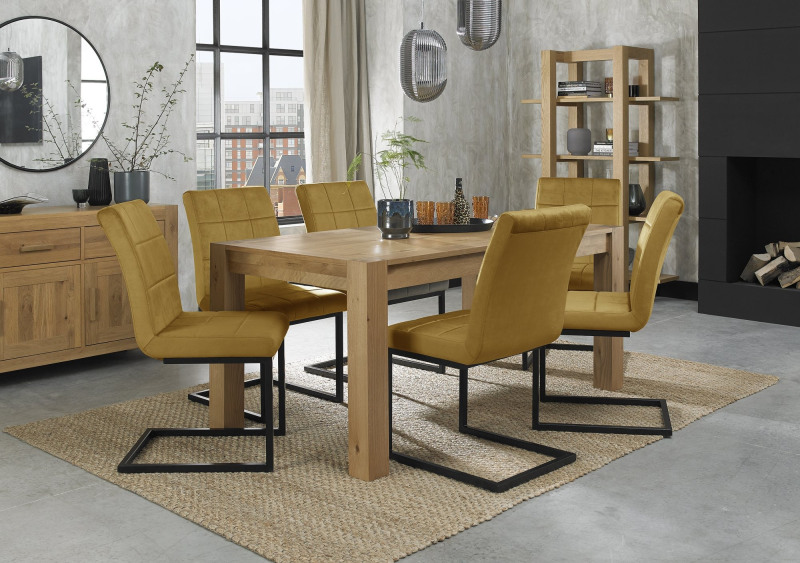 Turin Light Oak 6 Seater Table & 6 Lewis Mustard Velvet Cantilever Chairs Turin Light Oak 6 Seater Table & 6 Lewis Mustard Velvet Cantilever Chairs