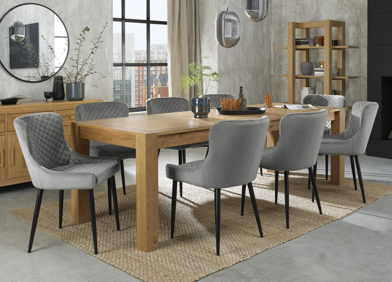 Turin Light Oak 6-10 Seater Table & 8 Kent Grey Velvet Chairs - Black Legs Turin Light Oak 6-10 Seater Table & 8 Kent Grey Velvet Chairs - Black Legs