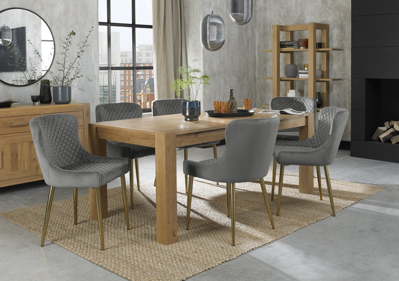 Turin Light Oak 6-10 Seater Table & 8 Kent Grey Velvet Chairs - Gold Legs Turin Light Oak 6-10 Seater Table & 8 Kent Grey Velvet Chairs - Gold Legs