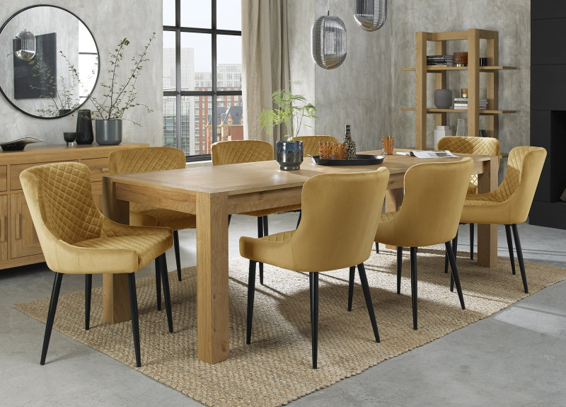 Turin Light Oak 6-10 Seater Table & 8 Kent Mustard Velvet Chairs - Black Legs Turin Light Oak 6-10 Seater Table & 8 Kent Mustard Velvet Chairs - Black Legs