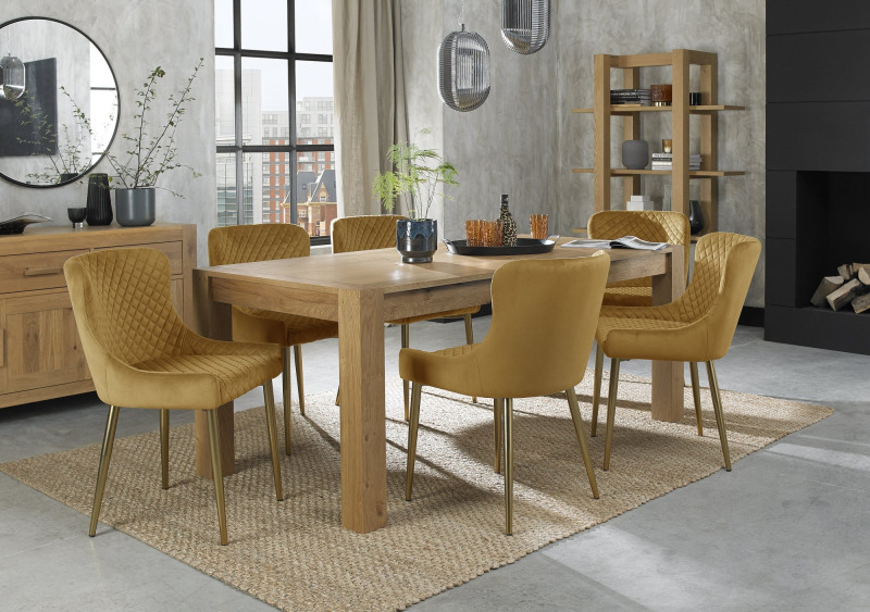 Turin Light Oak 6-10 Seater Table & 8 Kent Mustard Velvet Chairs - Gold Legs Turin Light Oak 6-10 Seater Table & 8 Kent Mustard Velvet Chairs - Gold Legs