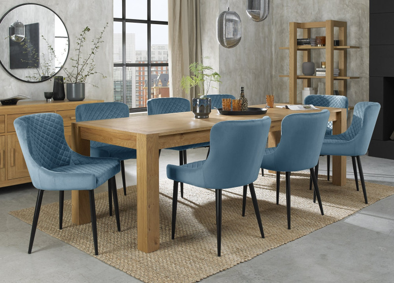 Turin Light Oak 6-10 Seater Table & 8 Kent Petrol Blue Velvet Chairs - Black Legs Turin Light Oak 6-10 Seater Table & 8 Kent Petrol Blue Velvet Chairs - Black Legs