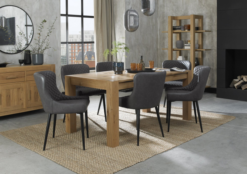 Turin Light Oak 6-8 Seater Table & 6 Kent Dark Grey Faux Leather Chairs - Black Legs Turin Light Oak 6-8 Seater Table & 6 Kent Dark Grey Faux Leather Chairs - Black Legs