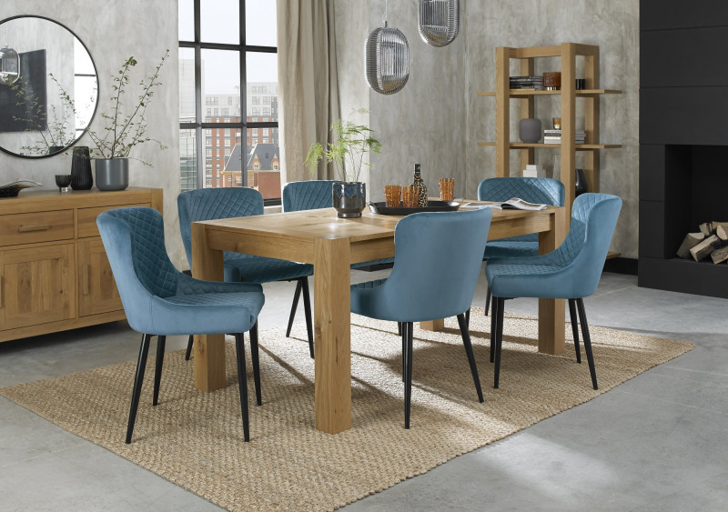 Turin Light Oak 6-8 Seater Table & 6 Kent Petrol Blue Velvet Chairs - Black Legs Turin Light Oak 6-8 Seater Table & 6 Kent Petrol Blue Velvet Chairs - Black Legs