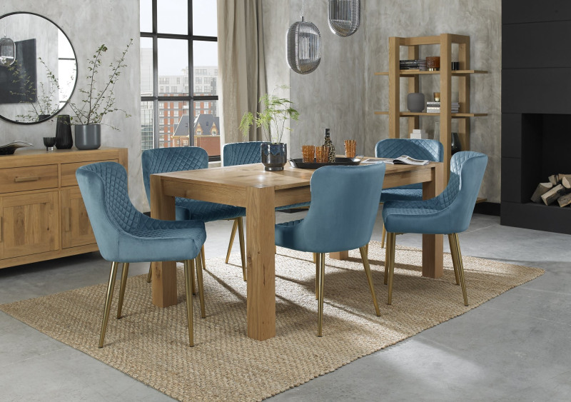 Turin Light Oak 6-8 Seater Table & 6 Kent Petrol Blue Velvet Chairs - Gold Legs Turin Light Oak 6-8 Seater Table & 6 Kent Petrol Blue Velvet Chairs - Gold Legs