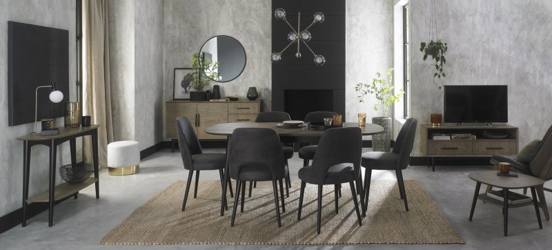 Bentley Designs Vintage Weathered Oak & Peppercorn 6-8 Seater Dining Set & 6 Peppercorn Chairs Upholstered in Dark Grey Fabri