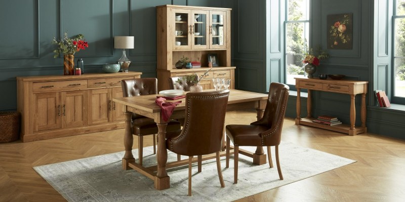 Bentley Designs Westbury Rustic Oak 4-6 Seater Dining Set- 4 Rustic Tan Upholstered Armchairs- lifestyle