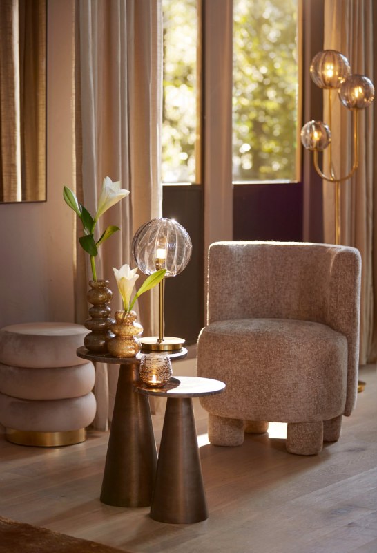 Poef 40x45 cm KIMI velvet licht grijs+goud Poef 40x45 cm KIMI velvet licht grijs+goud